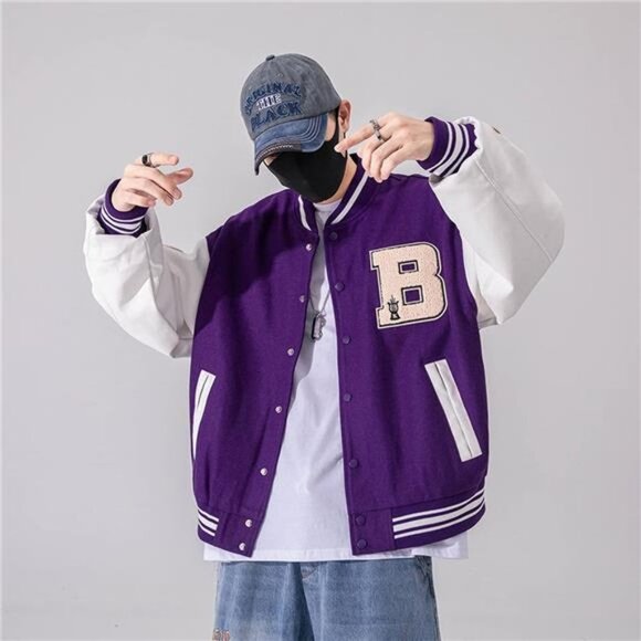 Men's Varsity College Bomber Jacket Vintage, Purple B - Picture 3 of 5